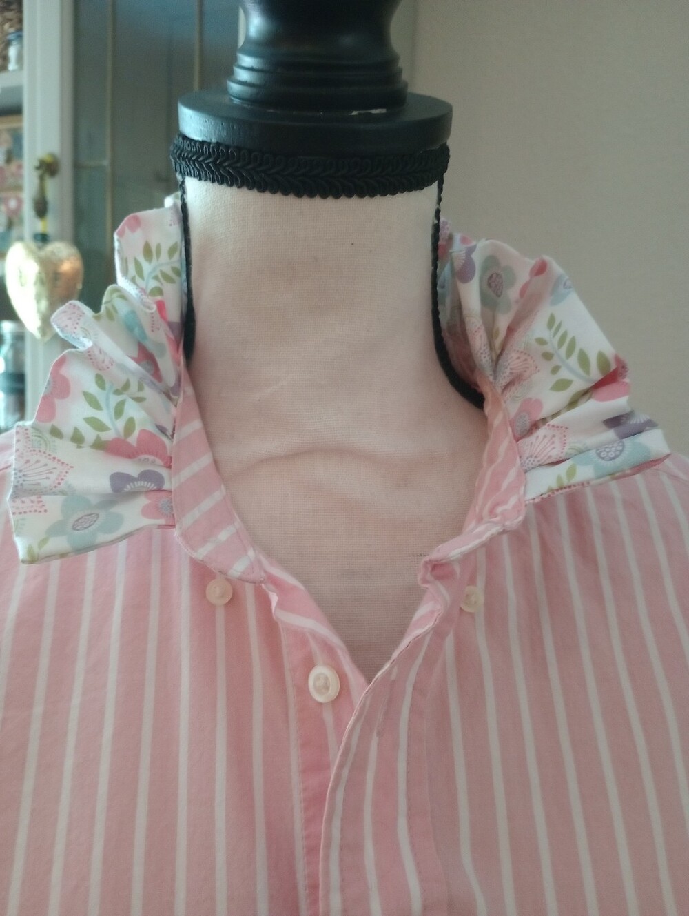 Old Navy Pink and White Striped Button-Up with Floral Ruffle Collar - Picture 4 of 11